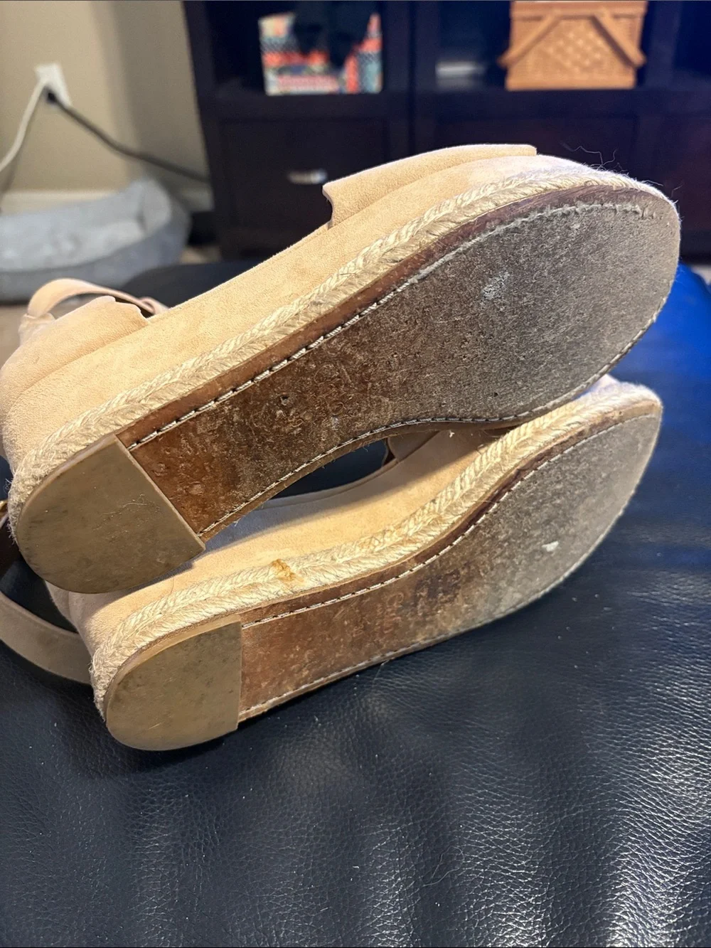 Chloe Beige Suede Scalloped Trim Lauren Ankle Wrap Flatform Espadrille Sandals